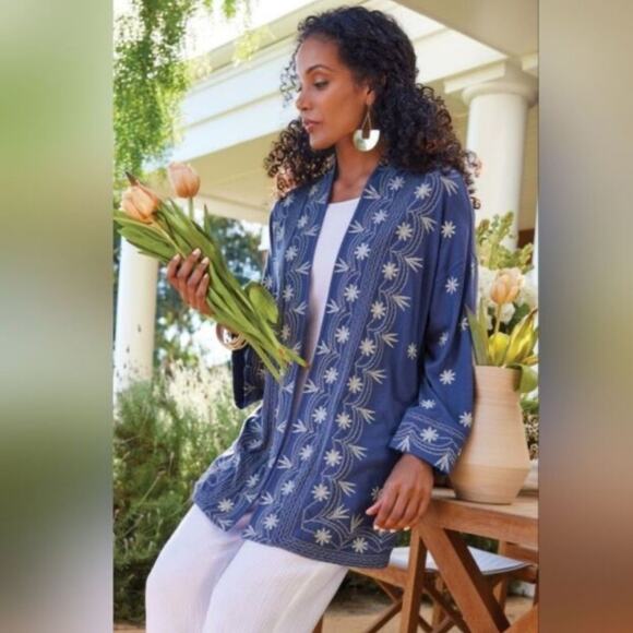 Soft Surrounding Draped Open Embroidered Cardigan size S/M blue and white - Picture 1 of 12